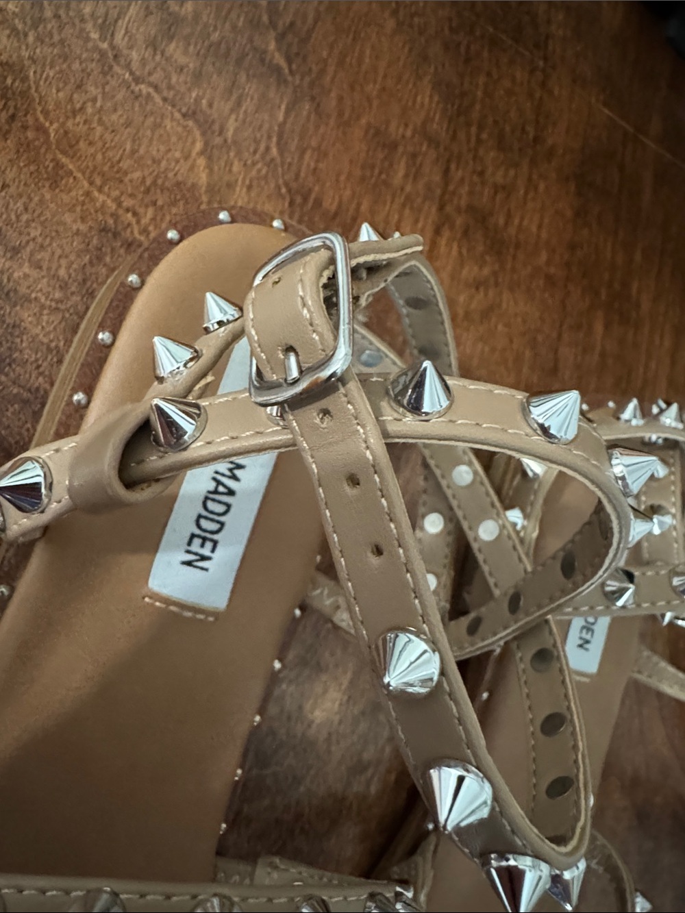 Steve Madden Tan Studded Low-Profile Ankle-Strap Sandals - Picture 2 of 4